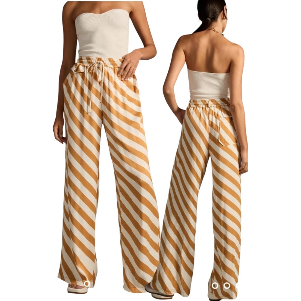 NWT Maeve Anthropologie Bronze White Striped Wide Leg Viscose Pants Small